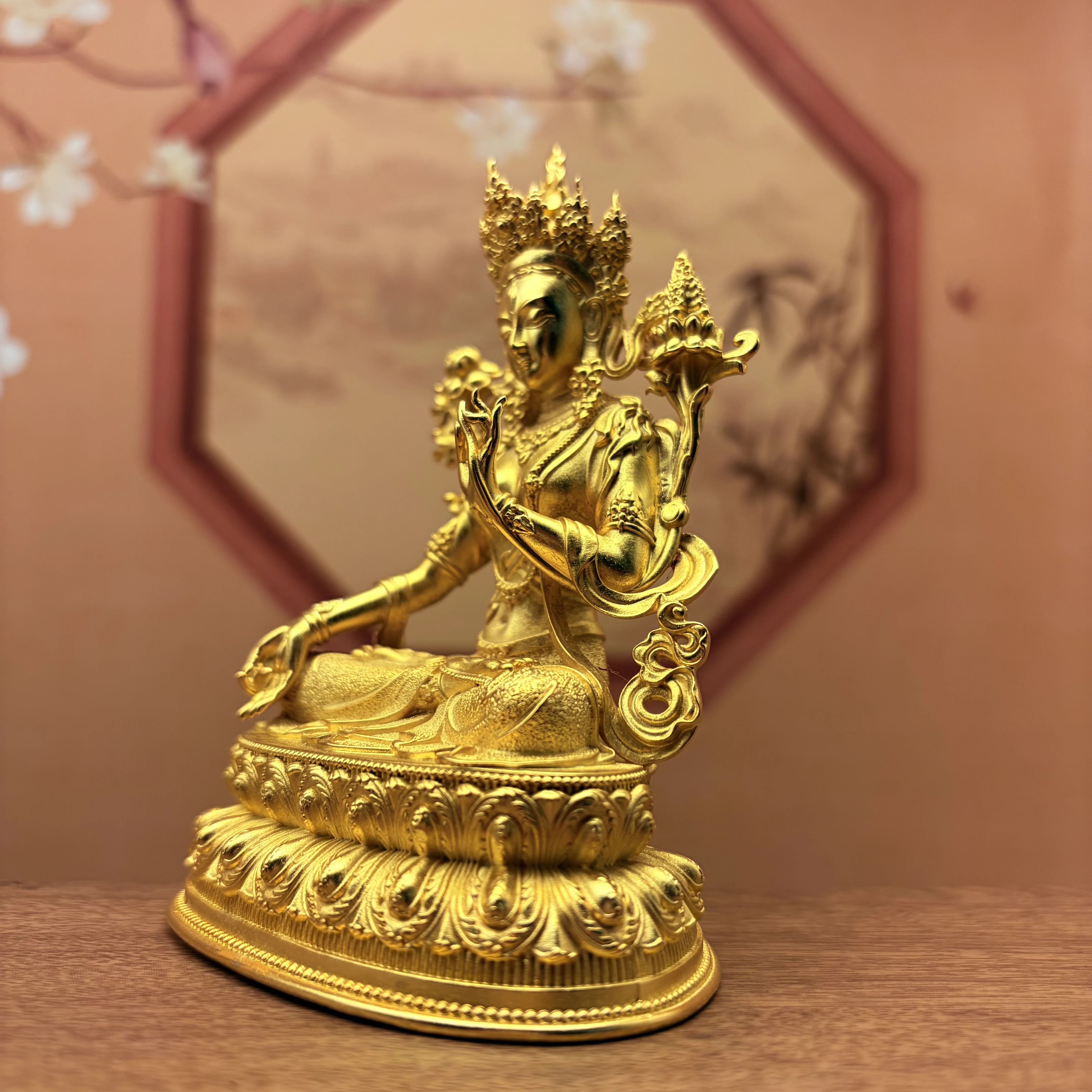 Tibetan Gold-Plated Copper Green Tara Goddess Statue 10cm Home Office Living Room Altar Desktop Blessing