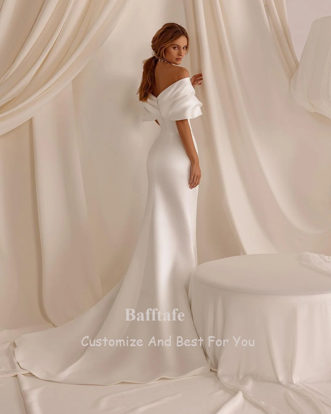 Bafftafe Elegant Fishtail Satin Wedding Dresses Bride Sexy High Split Formal Party Dress Long Wedding Photo Shoot Bridal Gowns