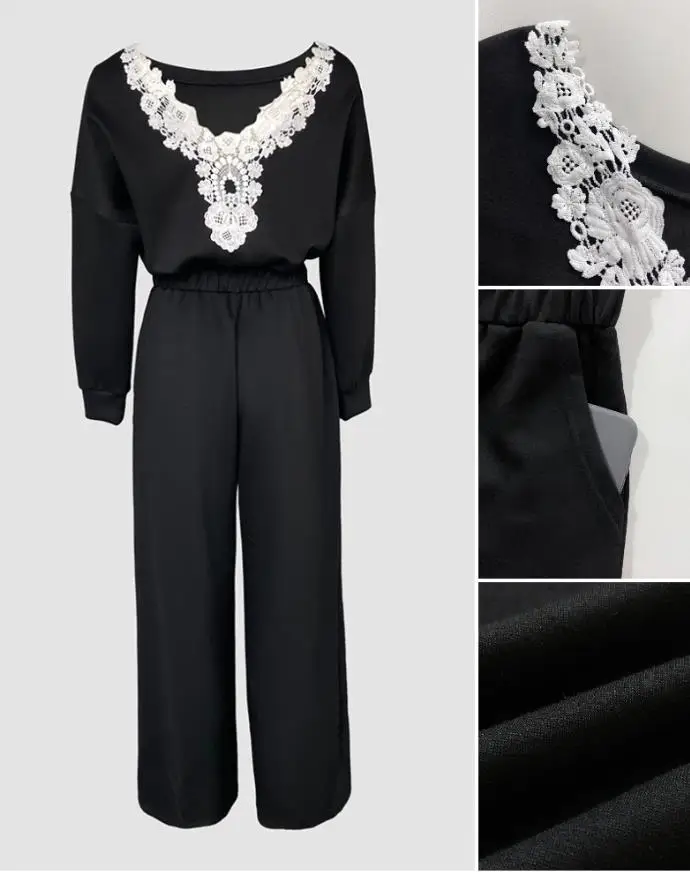 Jumpsuit Women 2025 Spring New Drop Shoulder Long Sleeve Contrast Lace Backless Overalls Casual Elastic Waist Wide Leg Jumpsuit