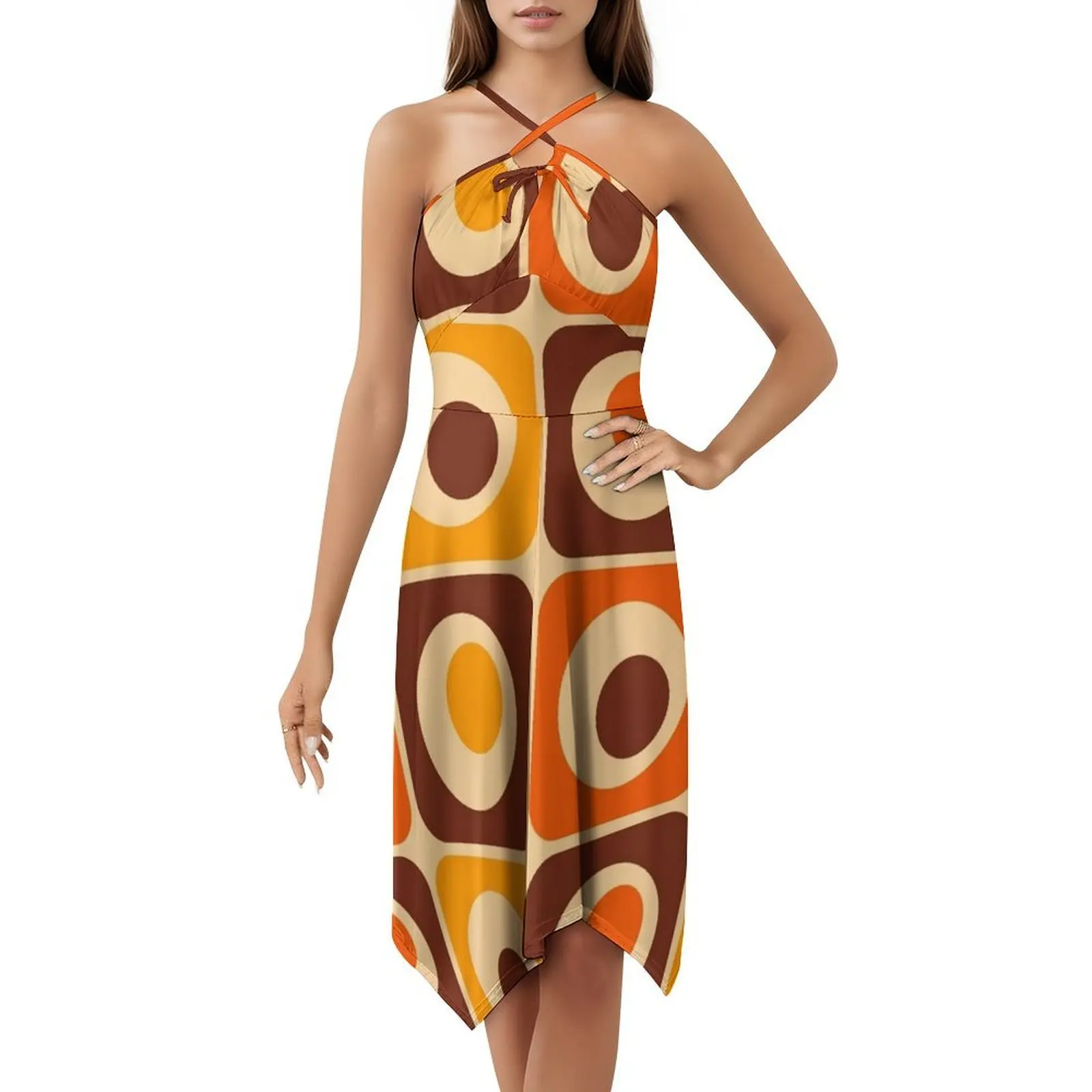 70S Retro Vintage Style Geometric Pattern Orange Brown Korean Style Dress For Women Elegant Casual Dress For Party Or Daily