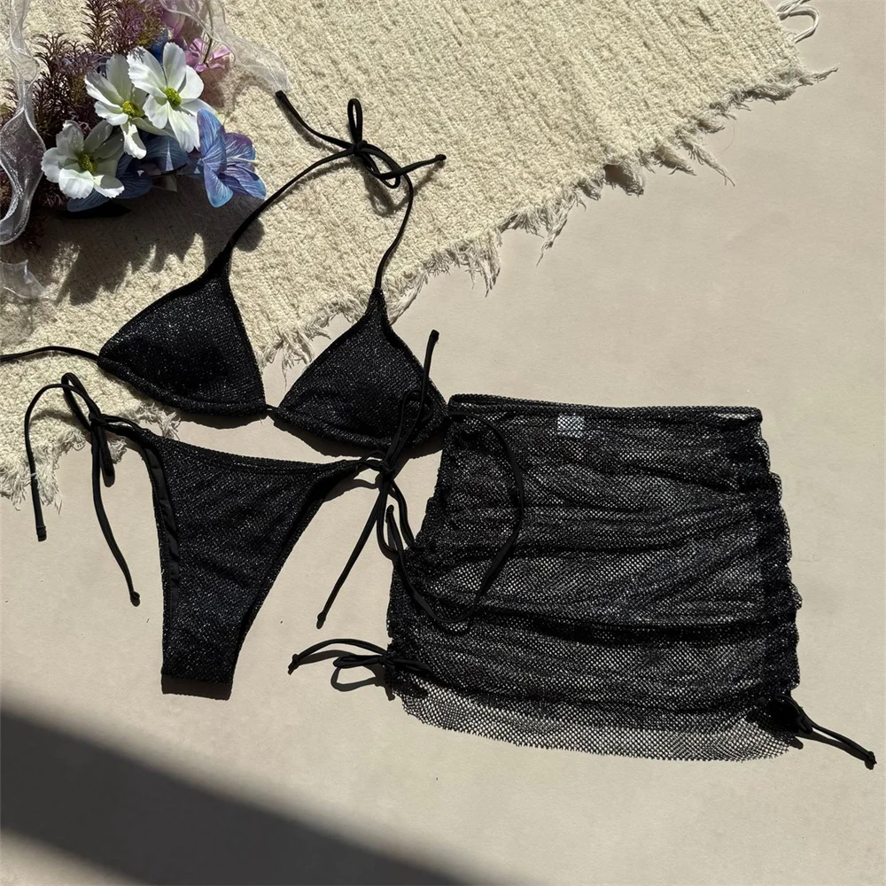 Microbikini con cordón brillante para mujer, traje de baño Sexy con espalda descubierta, traje de baño de malla para cubrir, traje de baño para vacaciones, Bikinis negros de 3 piezas