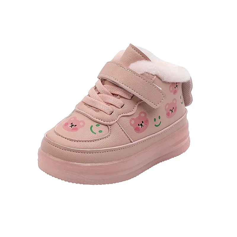 Kinderen Katoenen Schoenen Voor Meisjes Led Verlichte Pluche Board Schoenen Winter Antislip Hoge Top Sportschoenen Lichtgevende Kids Casual Sneaker