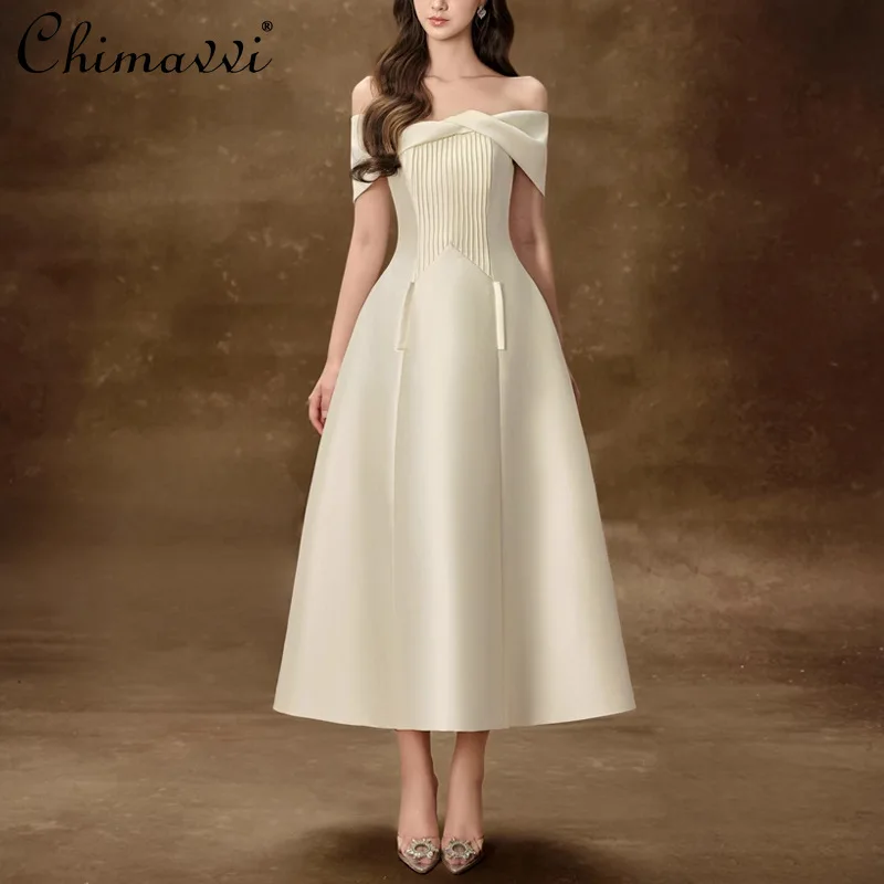 

Spring New Fashion Heavy Industry White One-word Shoulder Kink Skinny Temperament Dress Short Sleeve Waist Party A-line Dress