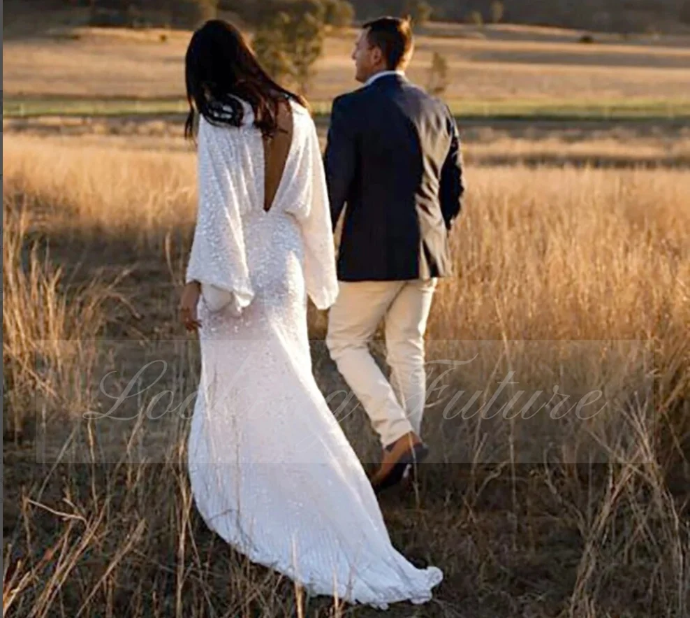 Maßgeschneidertes, glänzendes, langes, transparentes Ärmel-Luxus-Hochzeitskleid, glitzernd, tief, rückenfrei, mit Perlen verziert, mit Pailletten besetzt, Brautkleid Morden Vestidos