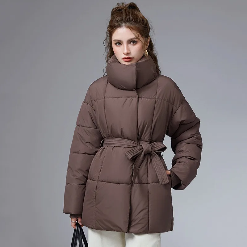 

2025 Winter New Cotton Jacket Stand up Collar Belt for Skinny Women, Loose and Versatile Cotton Coat, Fashionable