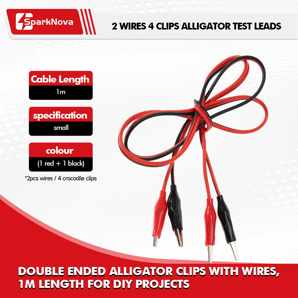 1M Alligator Clip Test Leads 2 Wires 4 Clips Jumper Wires Red Black Crocodile Clip for Battery Electronics DIY Circuit