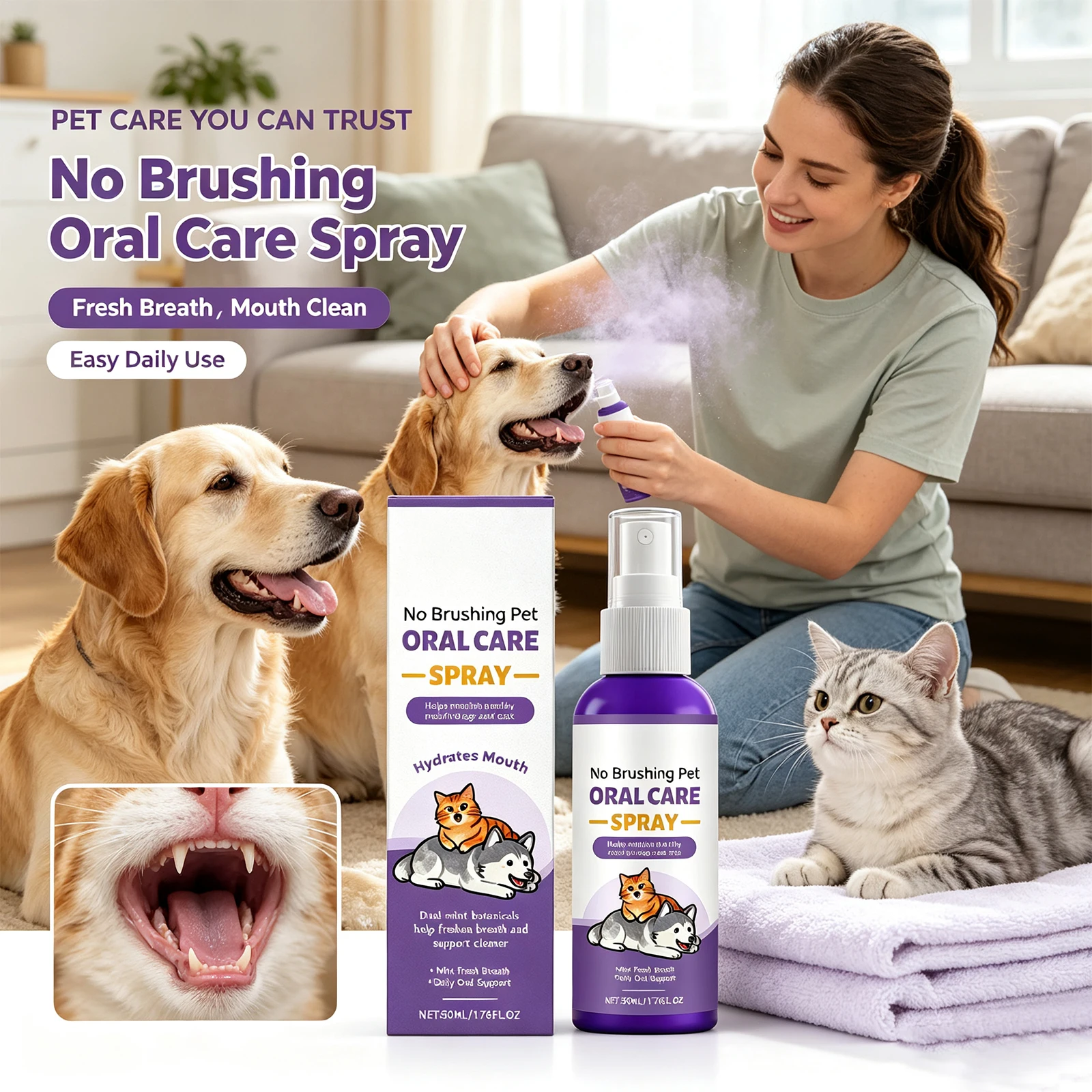 Pet Oral Care Spray Teeth Cleaning Remove Plaque Tartar Eliminate Bad Breath  Dental Dirt Protect Gum Health for Cats Dogs 50ml