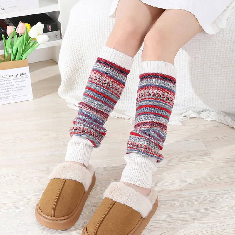 التمويه البوهيمي نمط الغزل الدافئة الساق و منصات الركبة الأوروبية والأمريكية الخريف الشتاء النساء اللون منعت مخطط كومة الجوارب #4