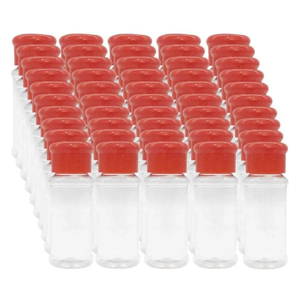 Juego de 50 botellas de especias de plástico vacías para almacenar condimentos de barbacoa, sal, pimienta, Etc. 100Ml/3,3 Oz, Rojo