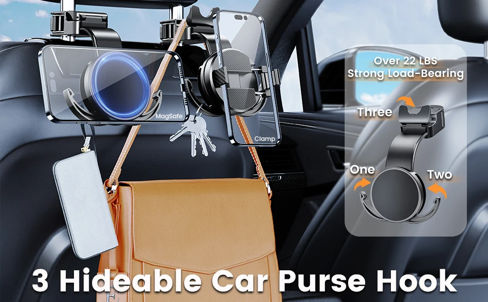 xuenair purse holder for car, hideable 3 car hooks for purse bag key and phone holder use together