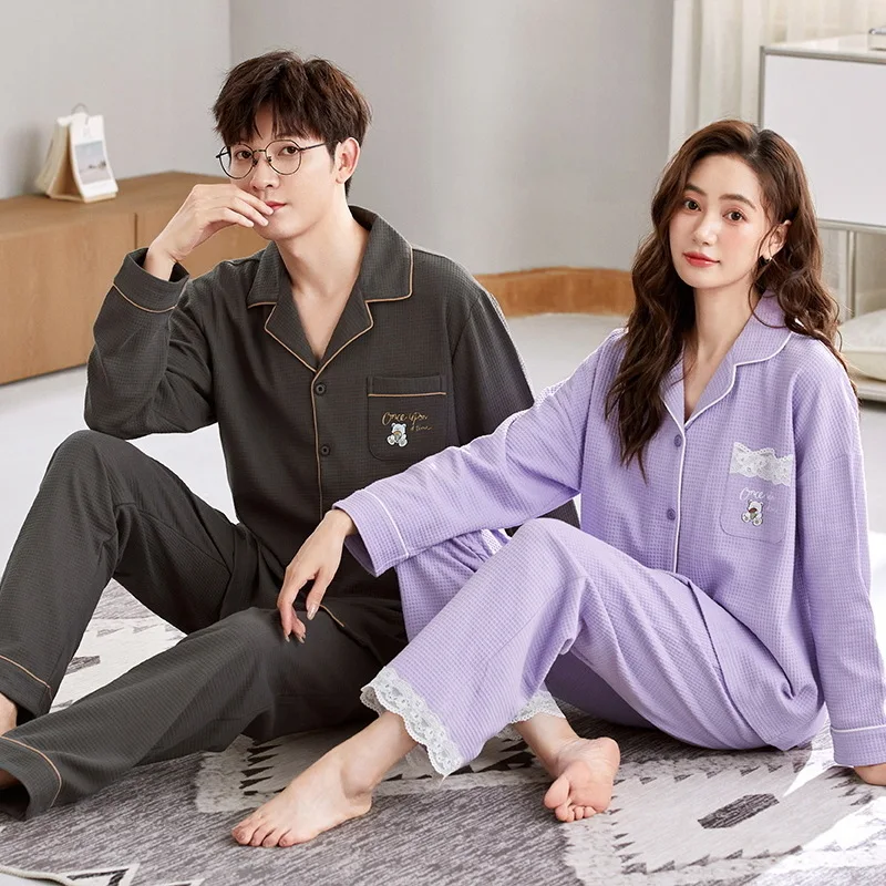 Men and Women Matching Nightwear Cotton Waffle Long Sleeves Cardigan Pajama Set for Couples Spring Korean Fashion Loungewear