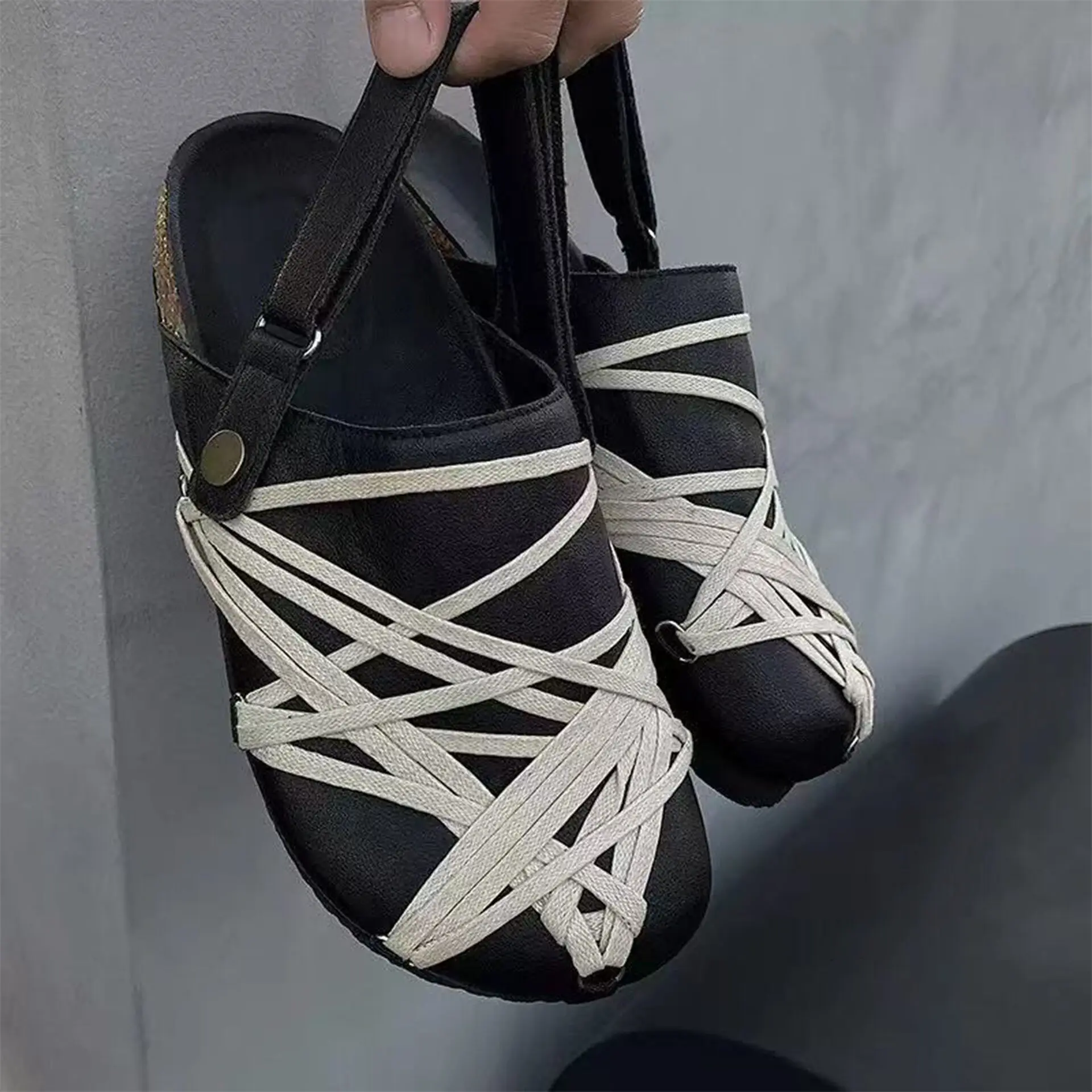 

Luxury Brand Megalace Mule Granola Men Genuine Leather Crisscross Lace Up Slingback Platform Mules Streetwear Casual Slides