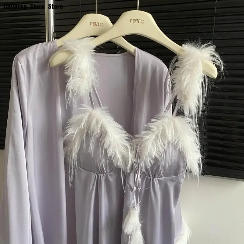 

Wedding Bride Robe Morning Gown Elegant Feather Female Kimono Bathrobe Gown Sexy Rayon Summer New Sleepwear Nightwear Lingerie