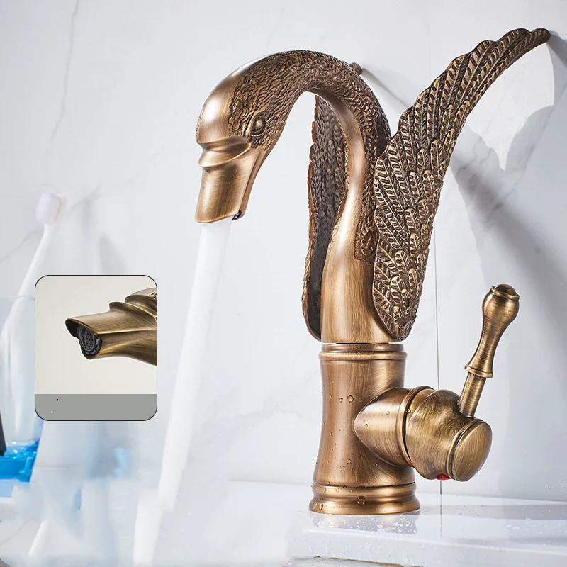 Basin Faucet Brass Bathroom Sink Mixer Tap Hot & Cold Bathroom Deck Mounted sink Faucet Antique Dragon Lavatory Crane Tap