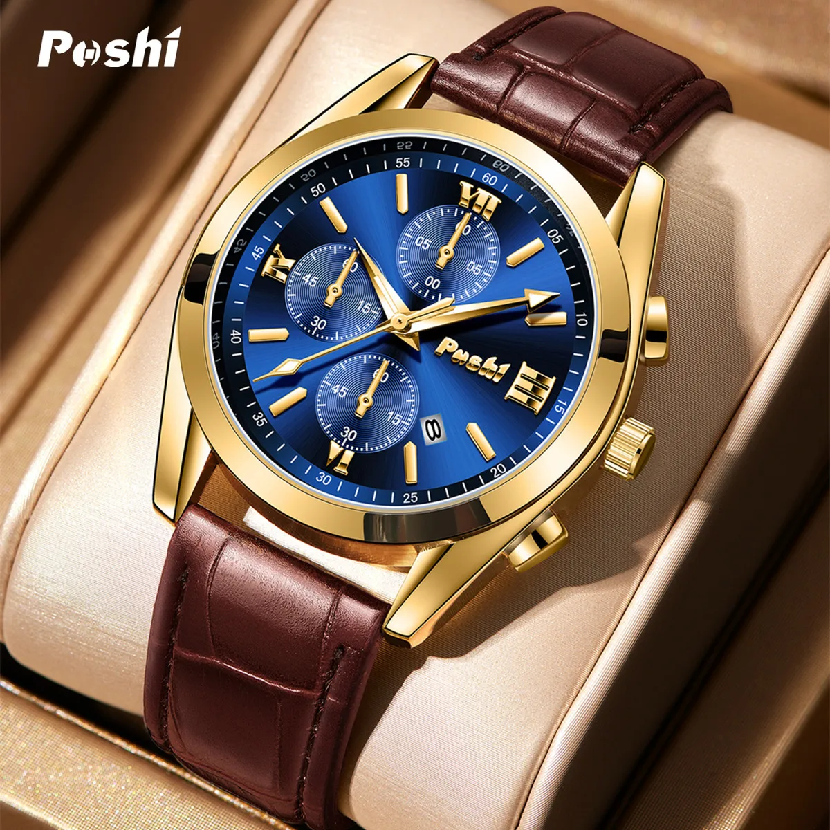 POSHI New Fashion Mens Watches Quartz Movement Watch Luxury Leather Strap with Calendar Waterproof Sport Wristwatch for Man 2023