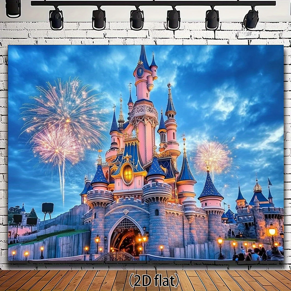 2D plane, castle-themed background fabric - Fireworks, blue sky design - view 2