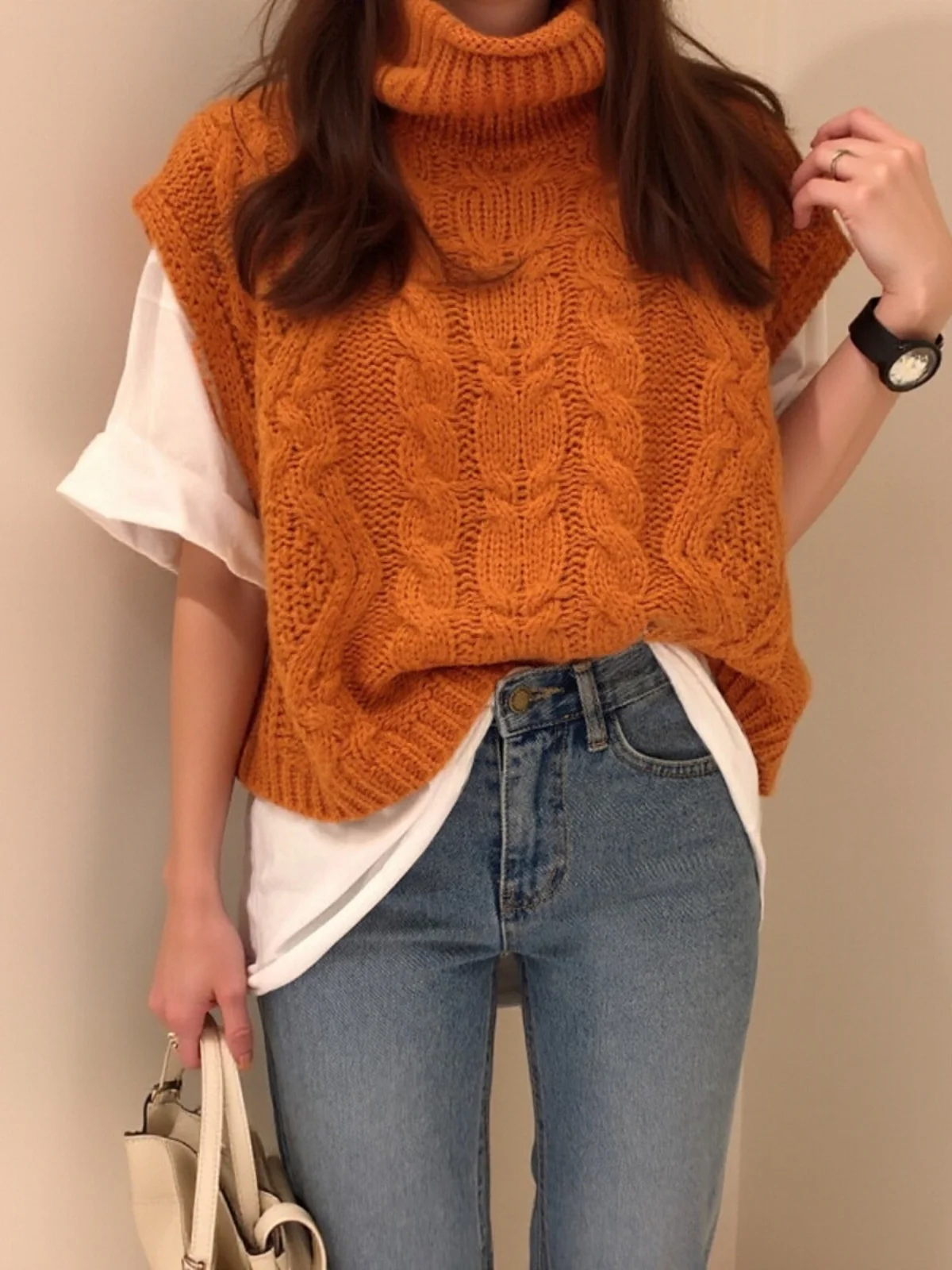 

High Collar Svel Knitted Sweater Vest Women's Loose Fit Layering Design Winter Faion Small ence Trendy Top