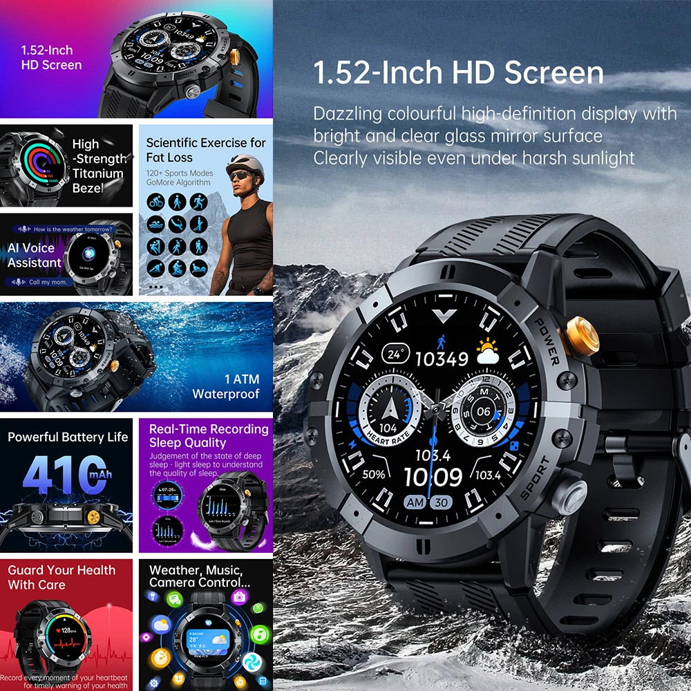 JingTider C29 Smart Watch Rugged Outdoor Sport Smartwatch Bluetooth Call Men 1ATM impermeabile schermo rotondo Fitness Health Tracker