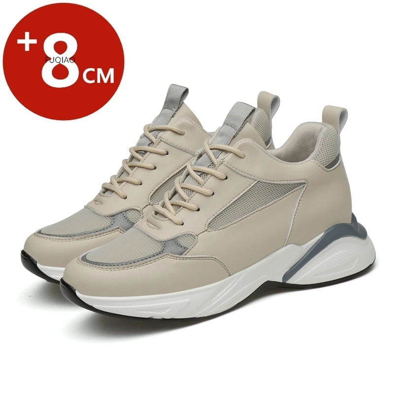 

Men's Breathable Mesh+Leather Platform Elevator Sneakers 8CM Height Increase Shoes Thick Sole Casual Sports Fashion Walking Shoe