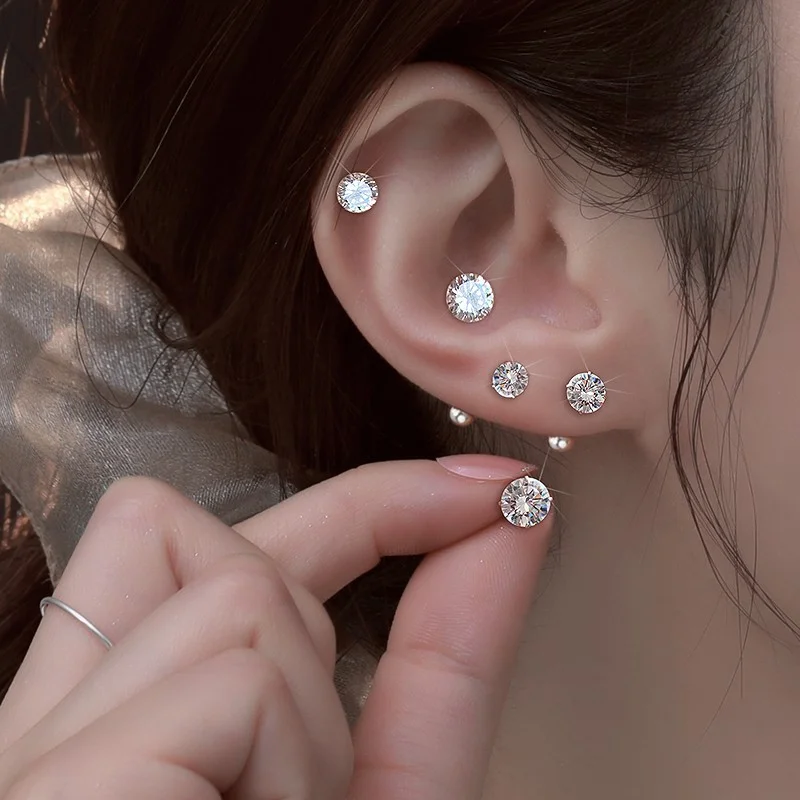 LUXUKISSKIDS 1pairs/2pcs Piercing Men Round Crystal Zirconia Stud Earrings Surgical Steel Jewelry Luxury Clear Rhinestone Unisex