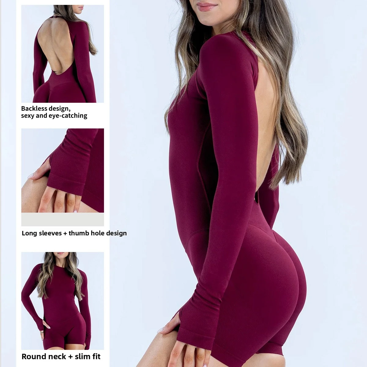 

No Logo Long Sleeve One Piece Jumpsuit – Backless, Shapewear, Butt Lift, Running Sports Bodysuit for Women's Fitness Yoga