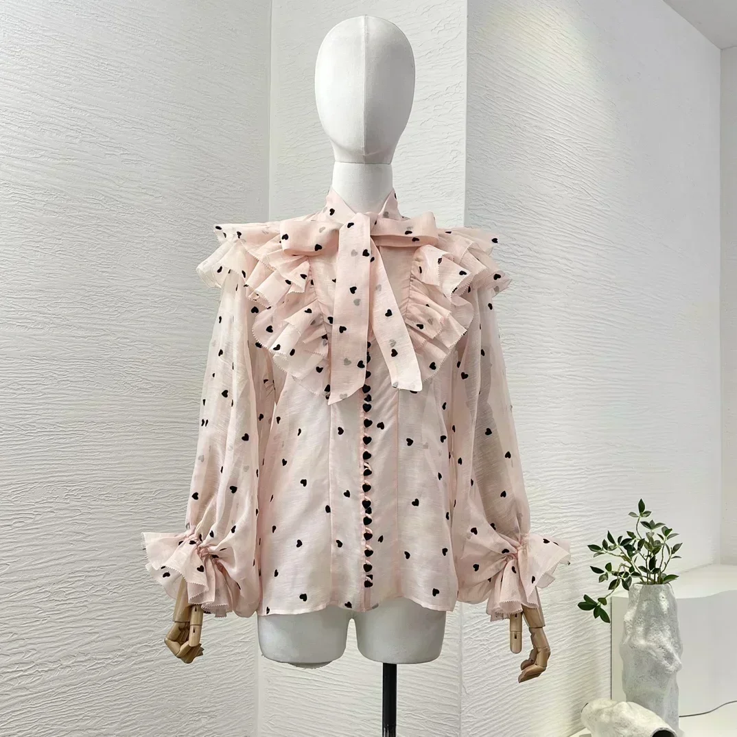 Linen Silk 2025 New Pink Series Heart-shaped Black Polka Dots Print Ruffles Lantern Sleeve Bow Blouse and Mini Cake Skirt Set