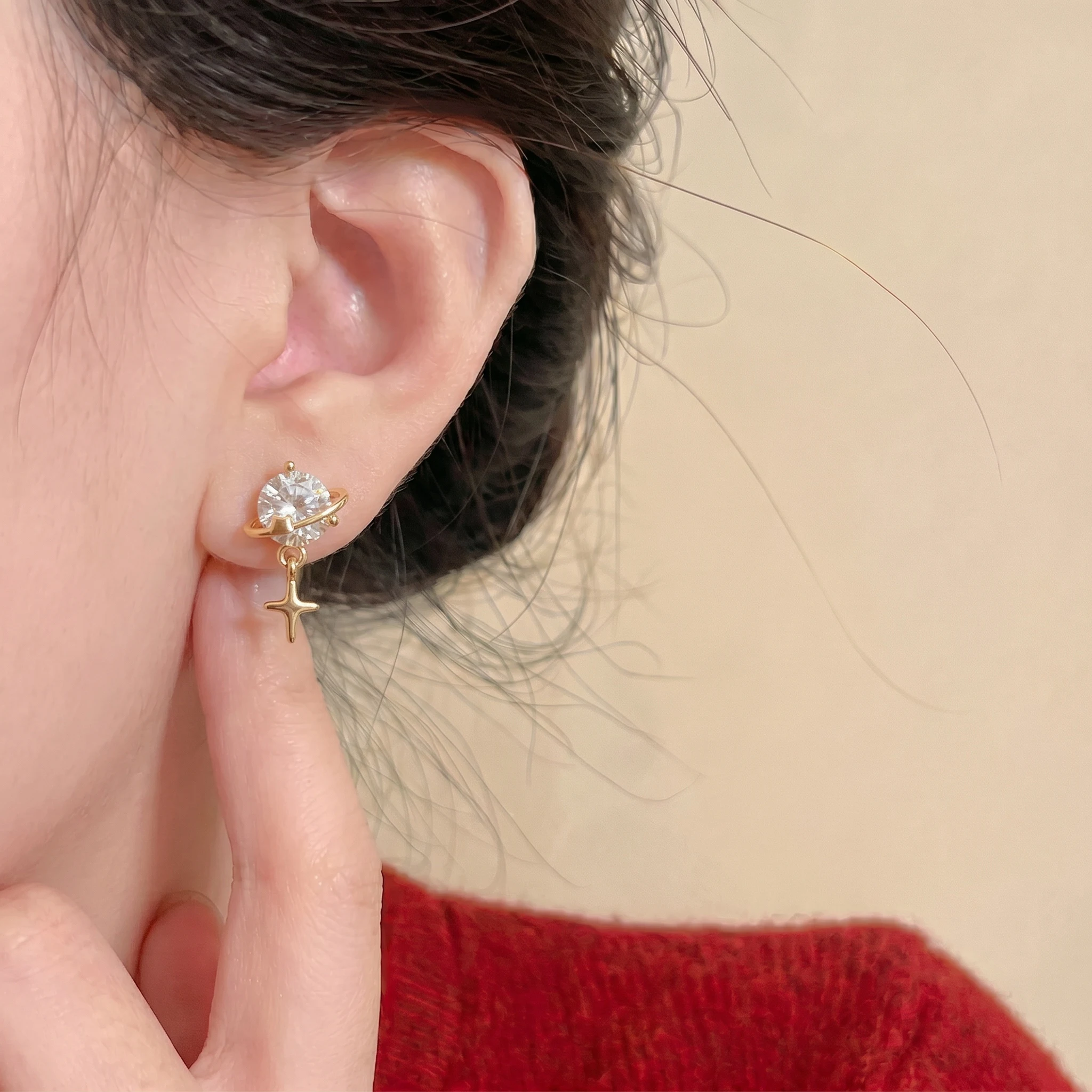 1 Pair Planet Star Dangle Stud Earrings Women Gold Plated Copper Zircon Inlay