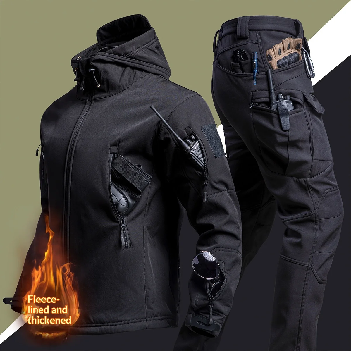 Men Camouflage Tactical 2 Piece Set Hooded Windproof Softshell Jacket Multi Pocket Cargo Pants Military Suit Outdoor Hunting Hik