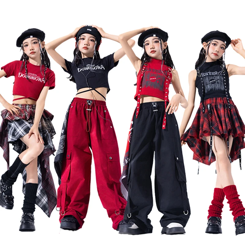 

Red Cheerleading Group Kpop Outfits Girls Jazz Dance Costumes Kids Cool Hip Hop Clothing Children'S Street Dancewear VBH861