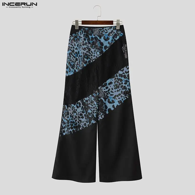INCERUN Men Pants Lace Leopard Printing Patchwork See Through Trousers For Man Streetwear Joggers Sexy Fashion Pants Pantalones