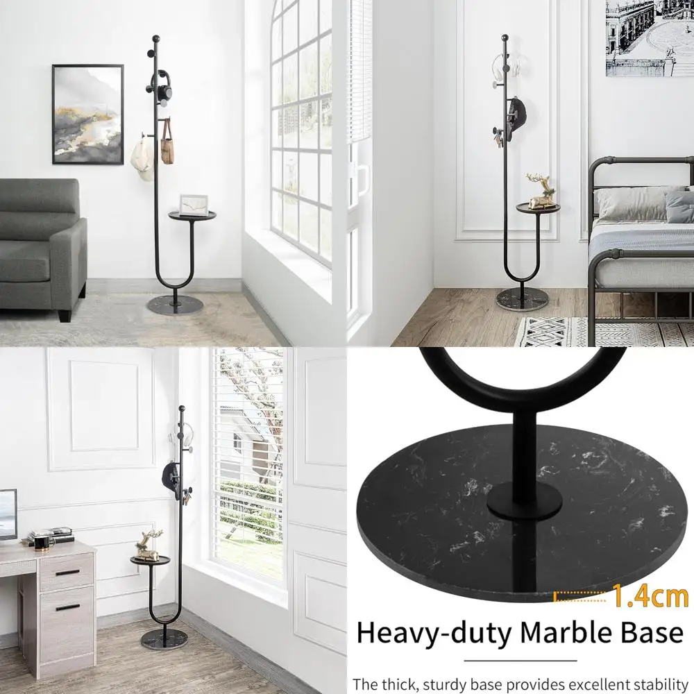 

Heavy Duty Metal Coat Tree with Bamboo Tray and 6 Hooks, Marble Base Corner Stand for Bedroom, Hallway, and Entryway