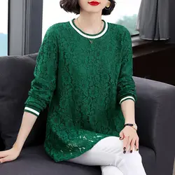 Casual Fashion Floral Lace Midi Shirt Elegant Hollow Out Spring Autumn Long Sleeve Spliced Female Clothing Basic O-Neck Blouse