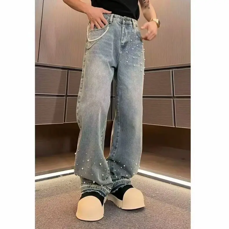 Men's Fashion Decoration Jeans Wide Legs Sweatpants Casual Pants Cool Boy Summer Bottom Male High Waist Unisex Baggy Trousers