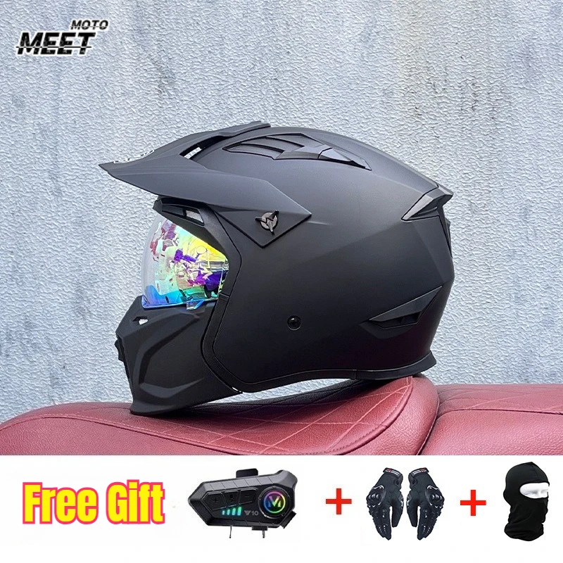 

ORZ Motorcycle Can Be Installed with Bluetooth Helmets Full Helmets Four-season Locomotive Retro Detachable Combination Helmet