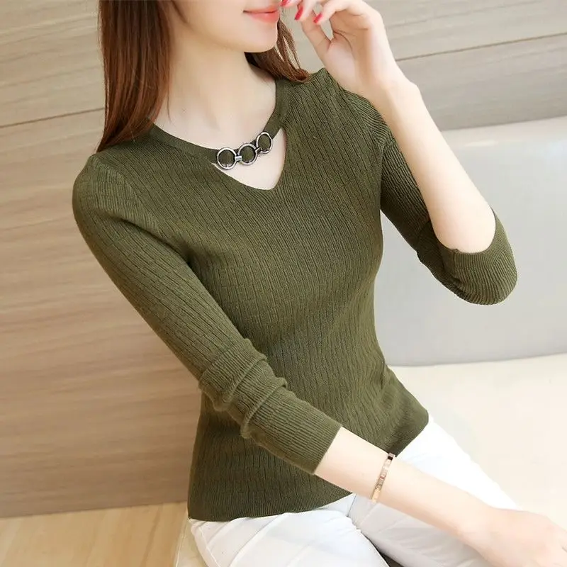 Korean Clothing Autumn Winter New Hanging Neck Sweater Women Solid Slim Hollow Elastic Fashion Long Sleeve Bottoming Knitted Top