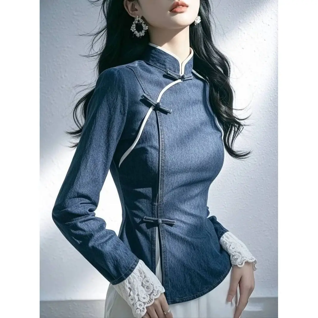 新しい中国風のライトナショナルトレンド禅美しいブルーパッチワーク小さなスタンドカラー長袖ウエスト締めボタンE11349