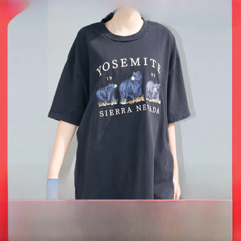 

BrandyMelville Белый Медведь Вышивка Принт Свободная женская футболка ort Sve Корейский круглый хлопковый летний топ