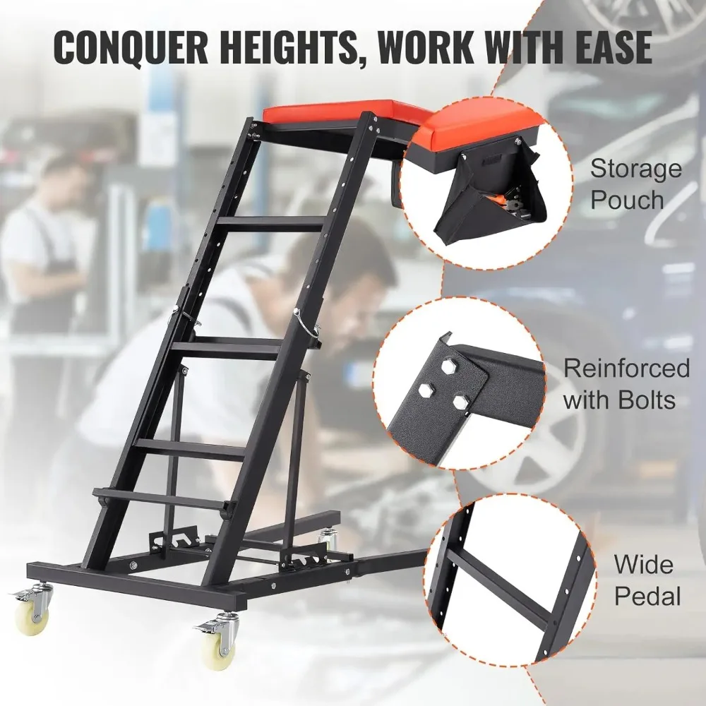 High Position Rolling Repair Stool, Auto Mechanic Creeper Seat with Tool Tray, Garage Service Cart for Workshop