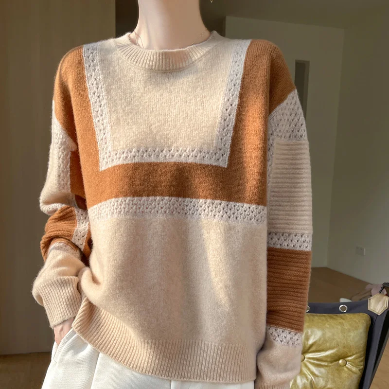 2024 New Classic Women's Pure WoolPullover Thick Loose Sweater Round Neck Warm Soft High Quality Knitted Pattern Basic Top