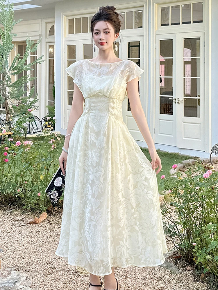 Women's Elegant Celebrity Floral Sheer Long Dress Lady-like Fairycore Pockets Swing Robe Female Party Holiday Vestidos Mujer