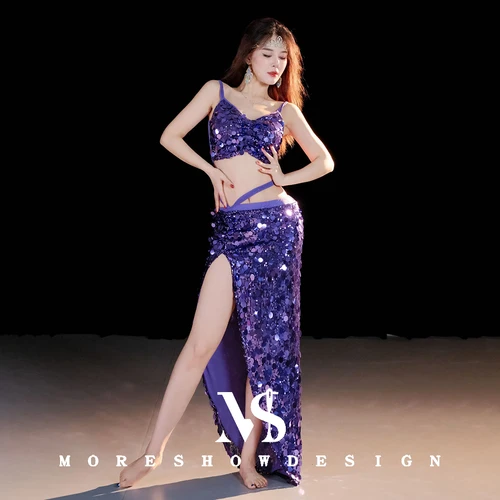 Trajes sexys de danza del vientre para mujer, Ropa de baile con lentejuelas, Top + falda, trajes de baile de manga corta, trajes para el escenario