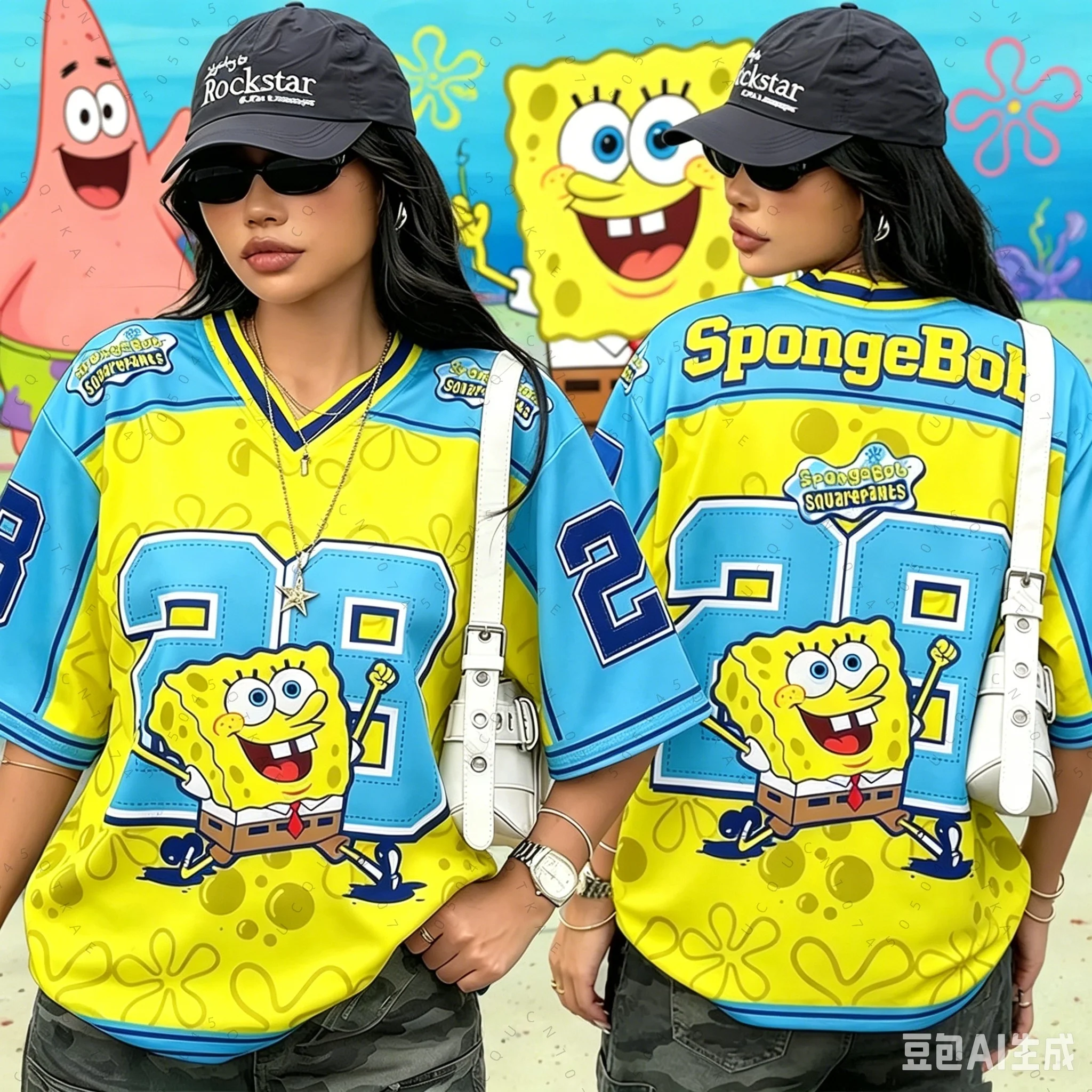 Spongebob Print Loose Oversized T-Shirts für Männer und Frauen, Sommer, V-Ausschnitt, Patchwork, kurzärmelig, Sport-Fußballtrikot, Y2k-Kinderoberteile – Detail 4