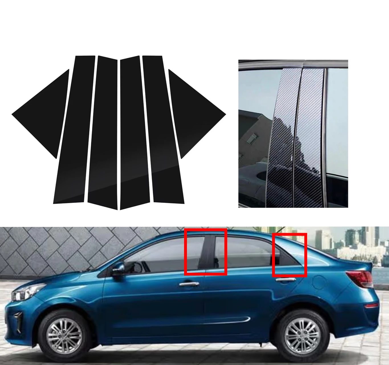 

6pcs Silver Carbon Gloss Black Pillar Posts Trim Fit For Kia Pegas Soluto 2017 2018 2019 2020 2021 2022 Window Decal Cover