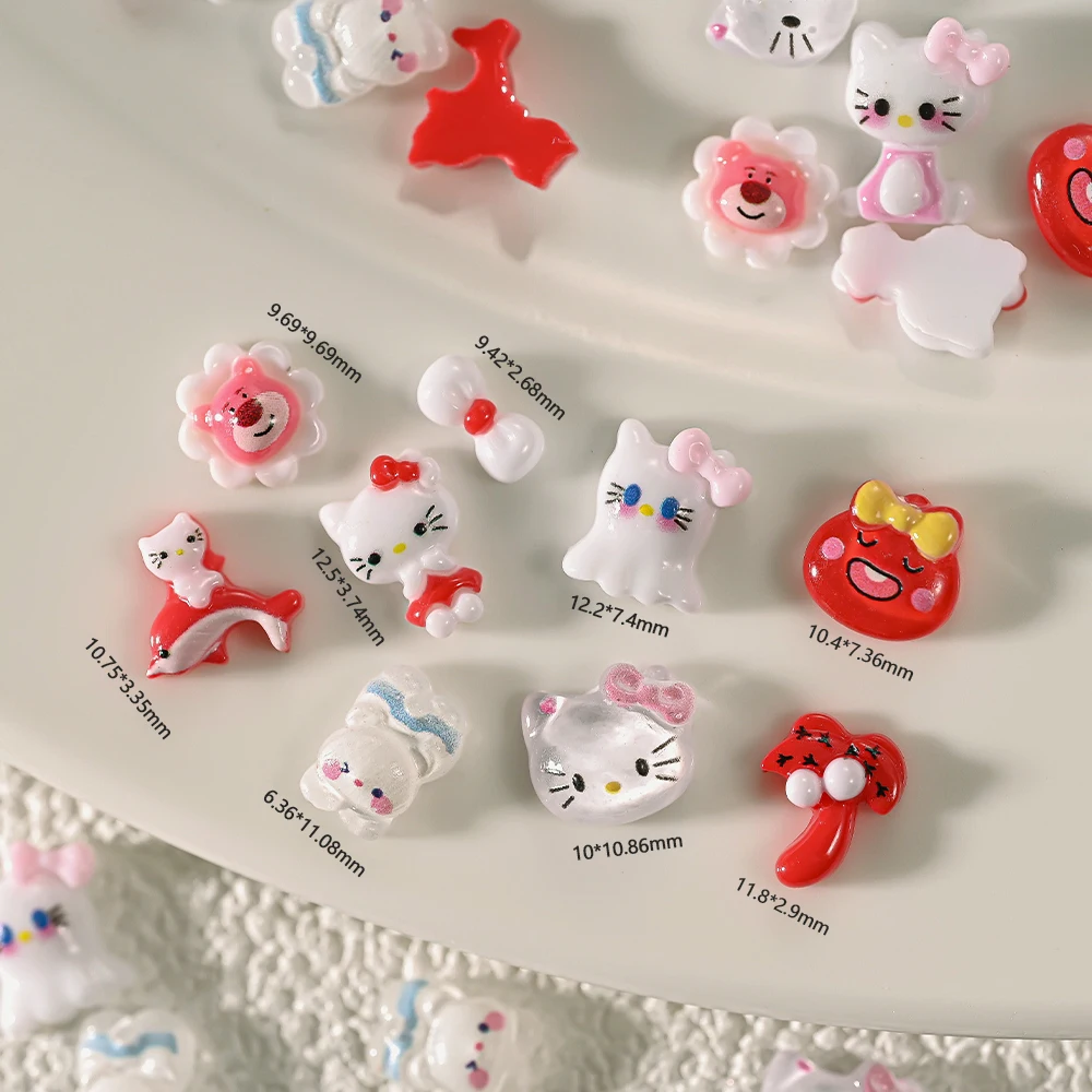 50g(120-150Pcs)3D Red/White Cartoon Kittty Cat Nail Charms With Dolphin/Coconut Tree Red Kitty Cat Nail Art For Kawaii Girl Nail
