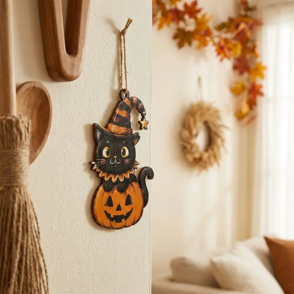 Gothic Style Halloween Hanging Ornament Cartoon Pattern Vintage Ghost Black Cat Pendant Black Cat Ghost Pattern
