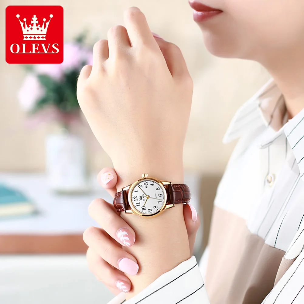 OLEVS-reloj de cuarzo para hombre y mujer, cronógrafo de pulsera clásico de cuero, resistente al agua, con calendario y escala de números, 5566