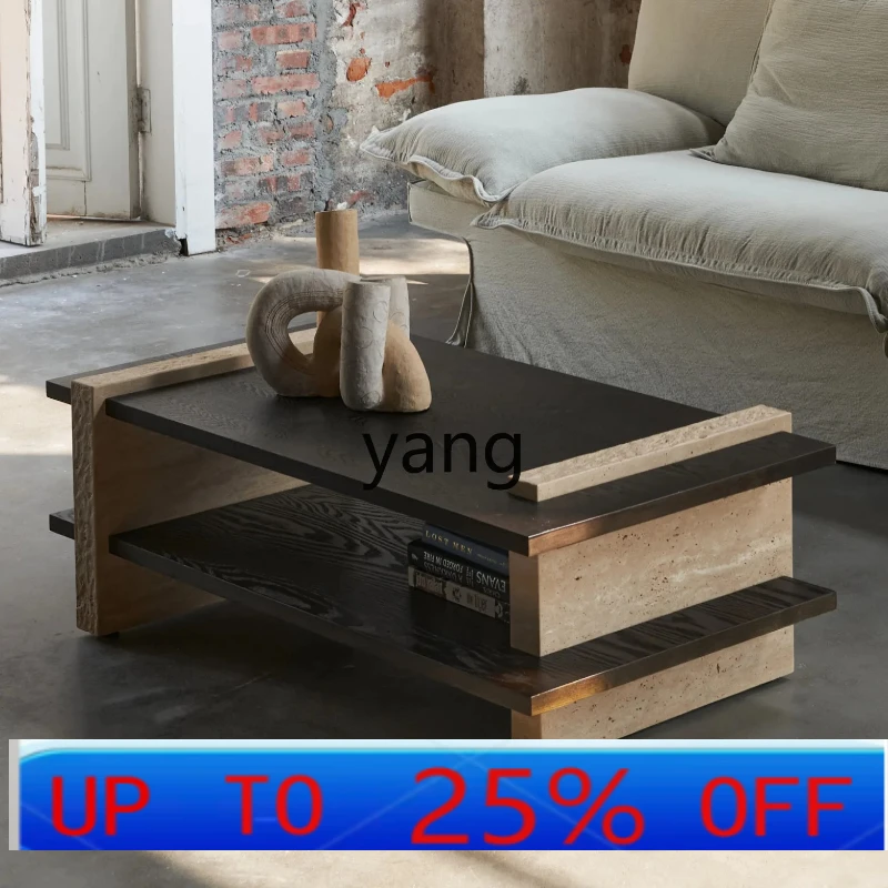 LTT Silent Style Solid Wood Tea Table Living Room Natural Simple Stitching Cave Stone Square Small Tea Table