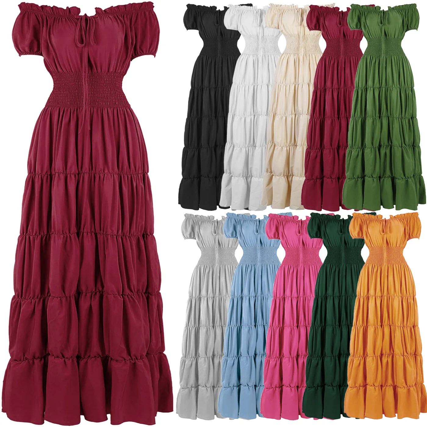 

Renaissance Medieval Dress Women Irish Off Shoulder Short Sleeves Elastic Waist Elegant Sexy Long Dress Party Adult Clothing