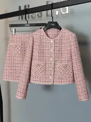 Piccola fragranza Vintage Tweed due pezzi Set donna Crop Top lana giacca corta cappotto + minigonne Set rosa due pezzi abiti