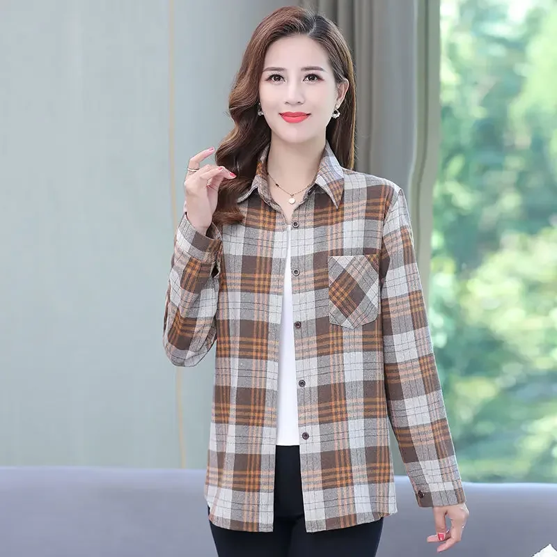 Office Lady Work Commute Top Lattice Print Blouses Casual Shirts Tops Women\'s New Spring Autumn Lapel Chic Cardigan Shirt Female